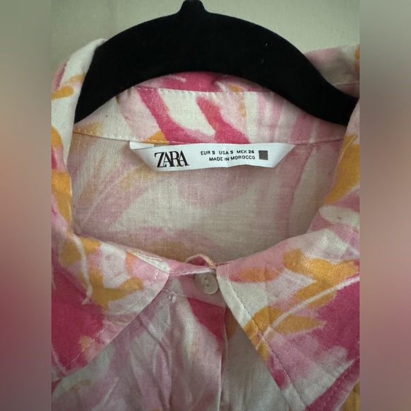 ZARA Pink Orange Floral Tropical Linen Blend Shirt Dress Size S - Picture 3 of 10